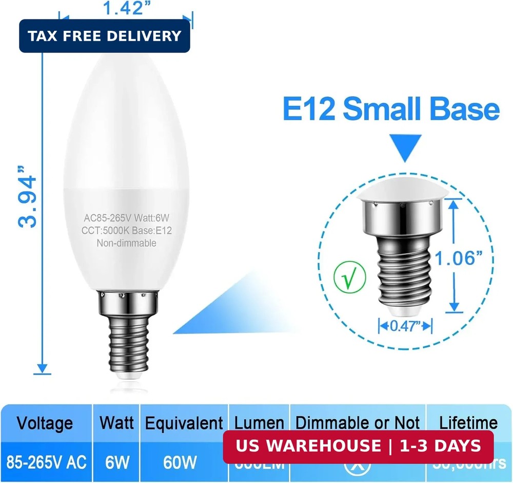 8 Pack E12 Ceiling Fan Light Bulbs, 60W Equivalent, Daylight White 5000K, Small