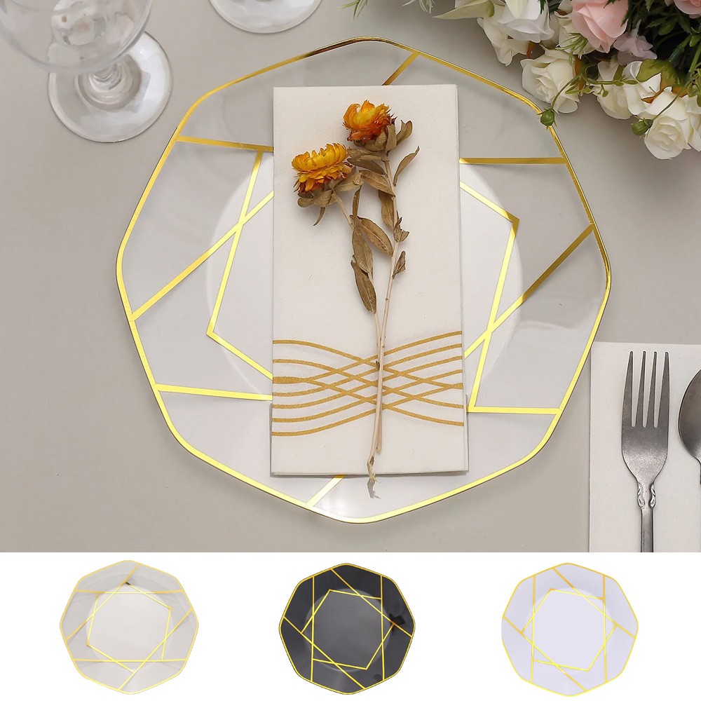 10 Octagon 10" Plastic Dinner Plates Gold Geometric Design Disposable Tableware