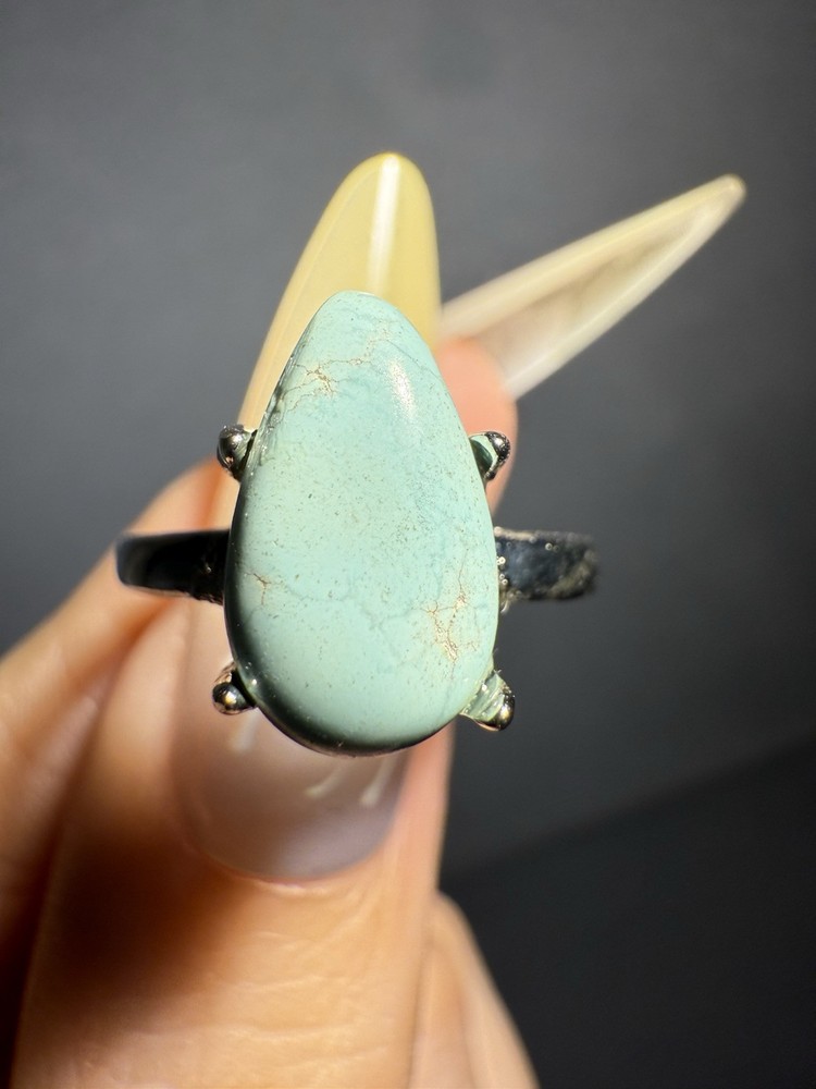Natural Hubei Turquoise Drop Ring / Silver- plated/adjustable