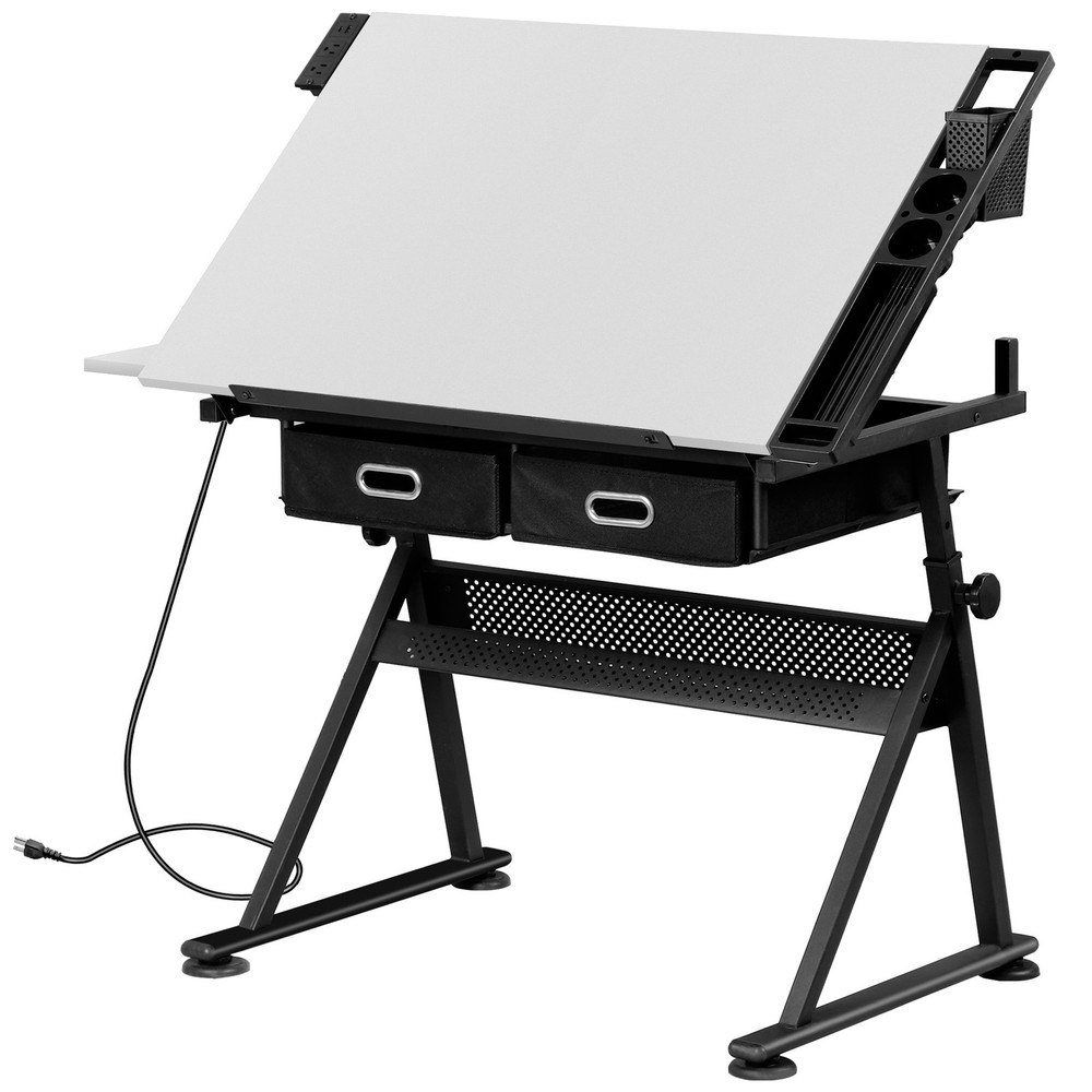 Multi Purpose Drafting Table Art Desk With Slide Out Surface and Charger, White