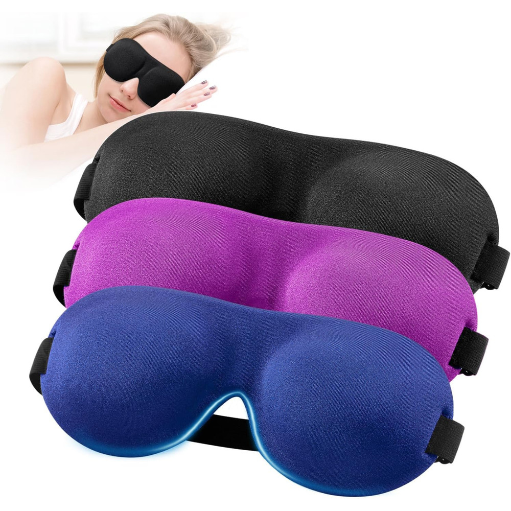 Sleep Mask for Back and Side Sleeper Pack of 3, 100% Light Blocking 3D Eye Masks