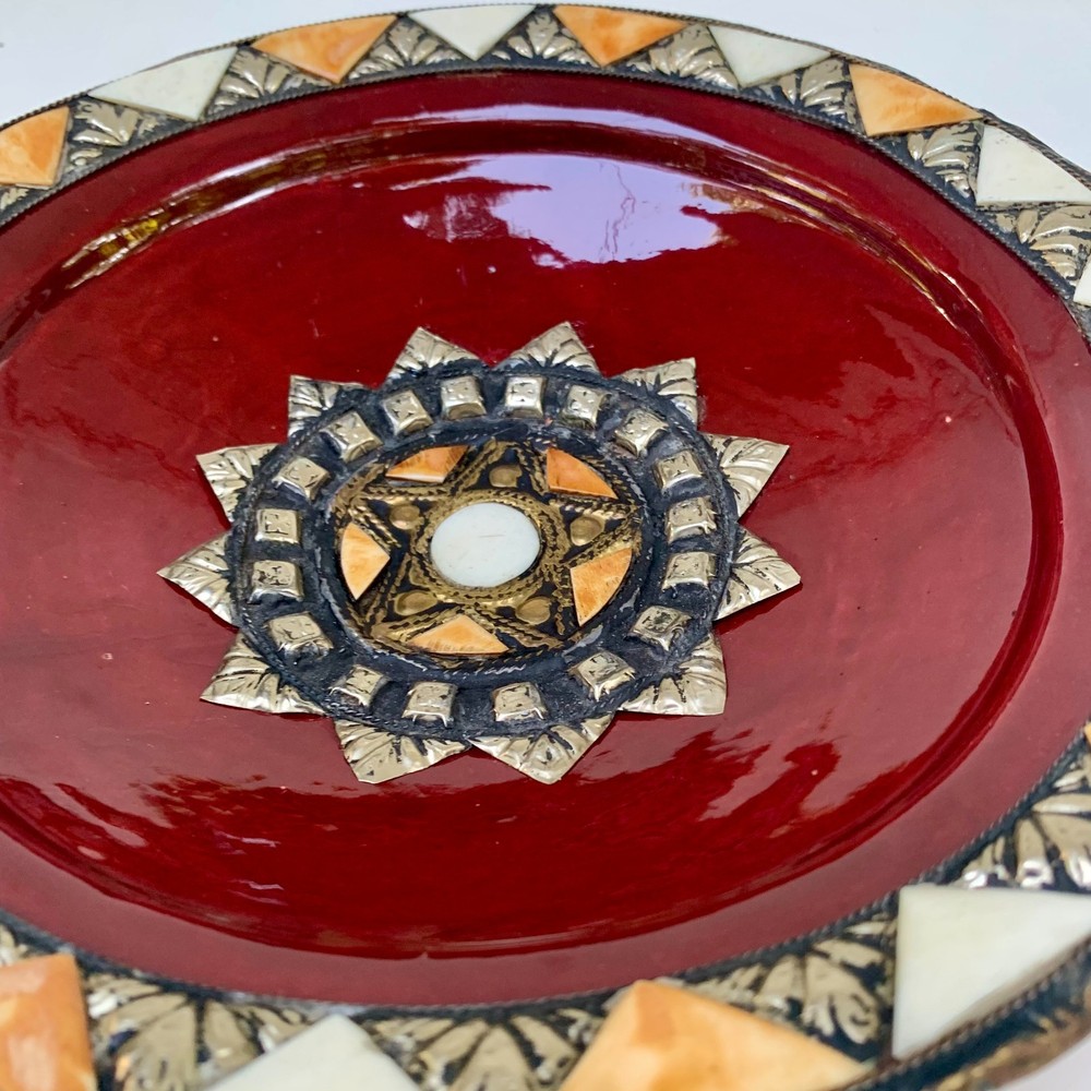 2 Vintage Fez Moroccan Red Ceramic Plate with Camel Bone Inlay & Brass & Silver