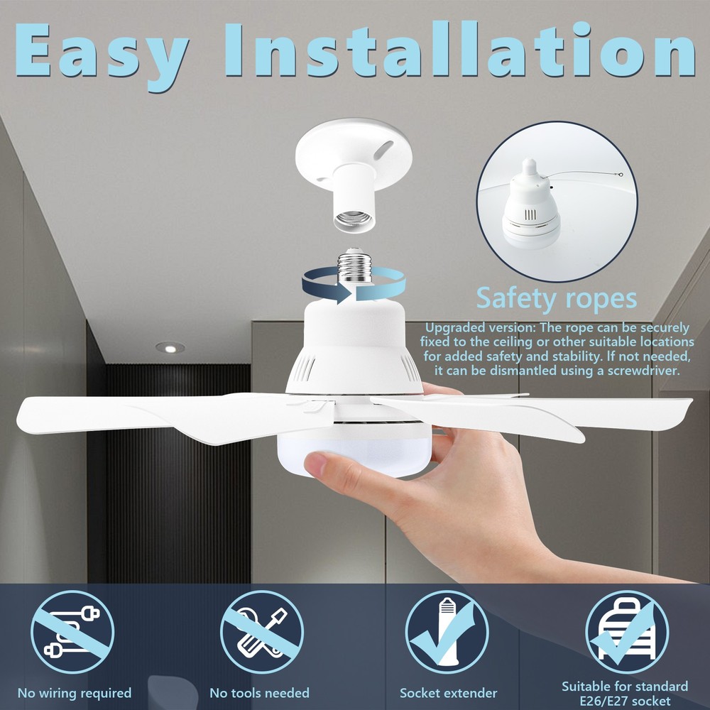Socket Fan Light with Remote Control,20" Screw in Ceiling Fans with Lights