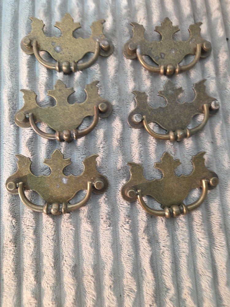 Vintage Lot of 6 Brass Drawer Drop Pulls Hardware 2.5" OC Replacement Pulls