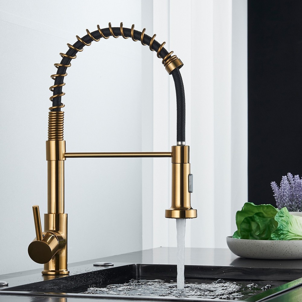 Brushed Gold Kitchen Faucet 360° Single Handle Sink Mixer Taps Pull Down Sprayer