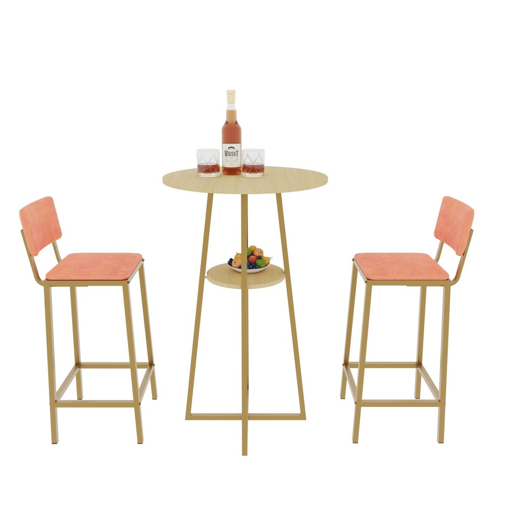 3 Piece Bar Table Set Counter Height Kitchen Round Dining Table w/ 2 Bar Chairs