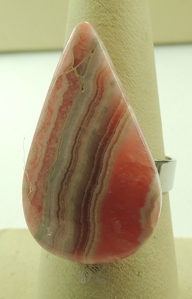 Teardrop  Black  Rhodochrosite Adjustable Ring Solitaire Handmade Statement