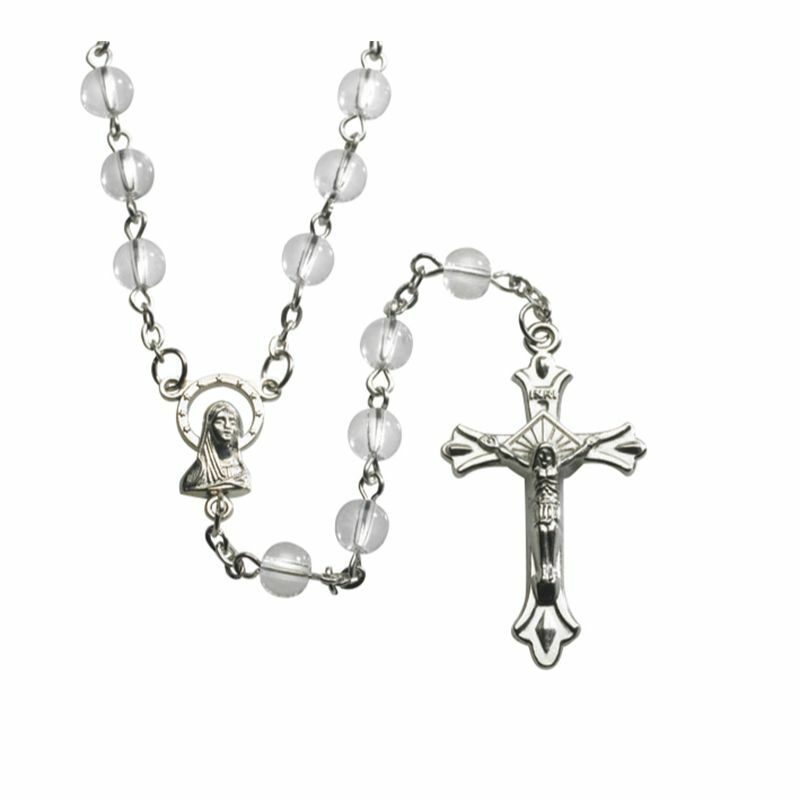 Clear Round Pressed Glass Bead Rosary Necklace 6mm Madonna Jesus Christ Cross