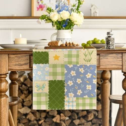 Patchwork Buffalo Plaid Floral 210 GSM Spring 13" x 72", Table Runner Green
