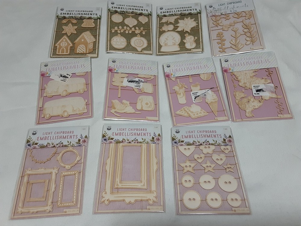 P13 Light Chipboard Embellishments Bundle 8 asst 4x6" frames w/engraved pieces