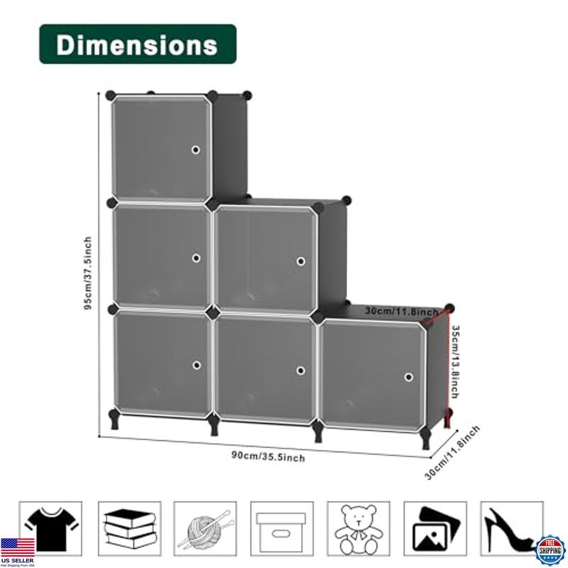 ATTSL6001 Black 6-Cube Storage Organizer - Stackable Plastic Shelves with Doors
