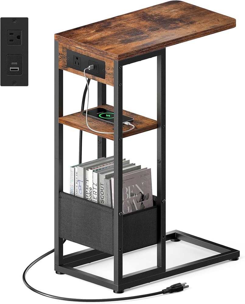 C Shaped End Table with Charging Station, Small Side Table for Couch Recliner,