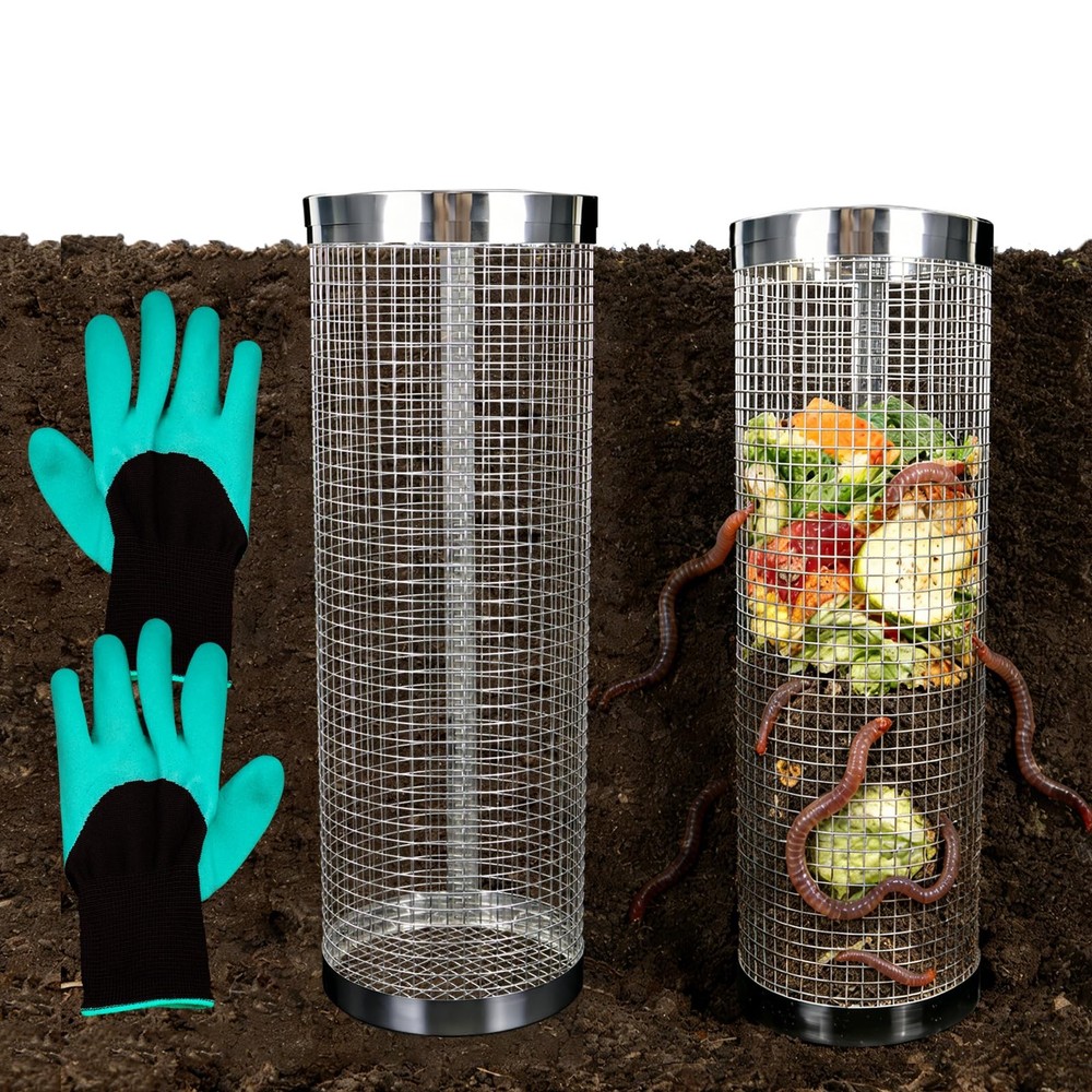 2 Pack Underground Worm Composting Bin with Gardening Gloves - Small Round Me...