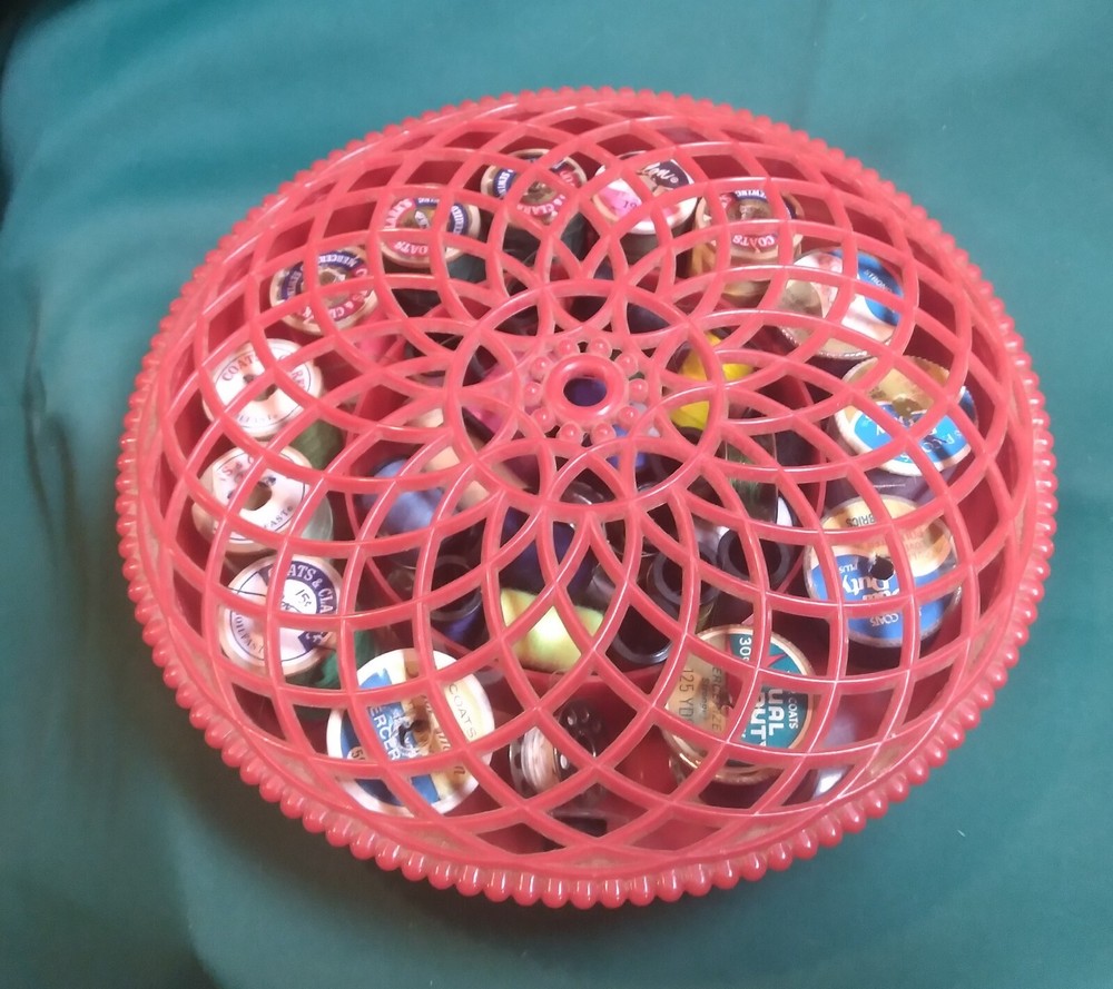 Vintage Red Plastic Thread Basket & Contents