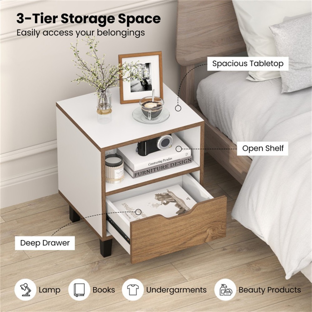 2-Pack Color Blocking Nightstands 3-Tier Storage Unique Wood Grain