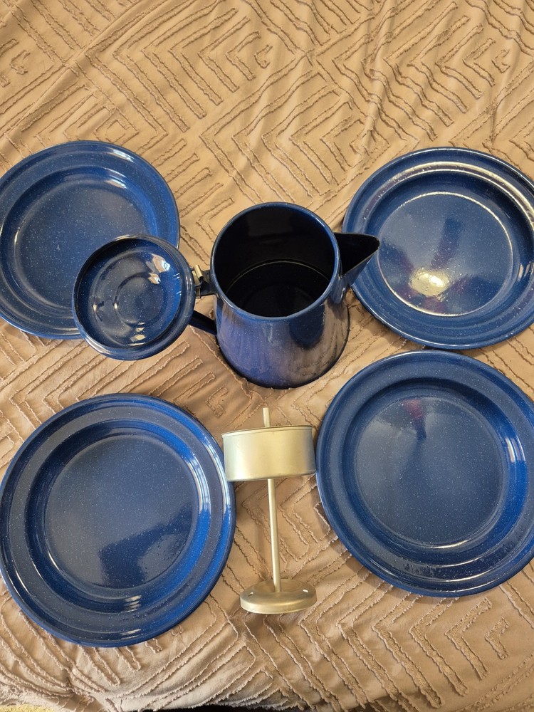 Blue Speckled Enamelware Camping Set - Coffee Pot Perculator & 4 Plates