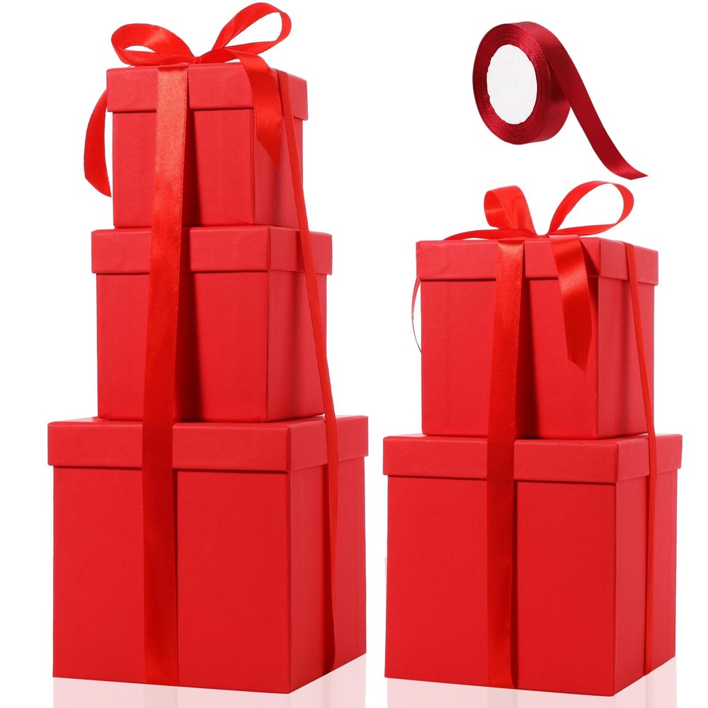 5 PCS Square Nesting Boxes Decorative Lids Ribbon Assorted Sizes Bright Red