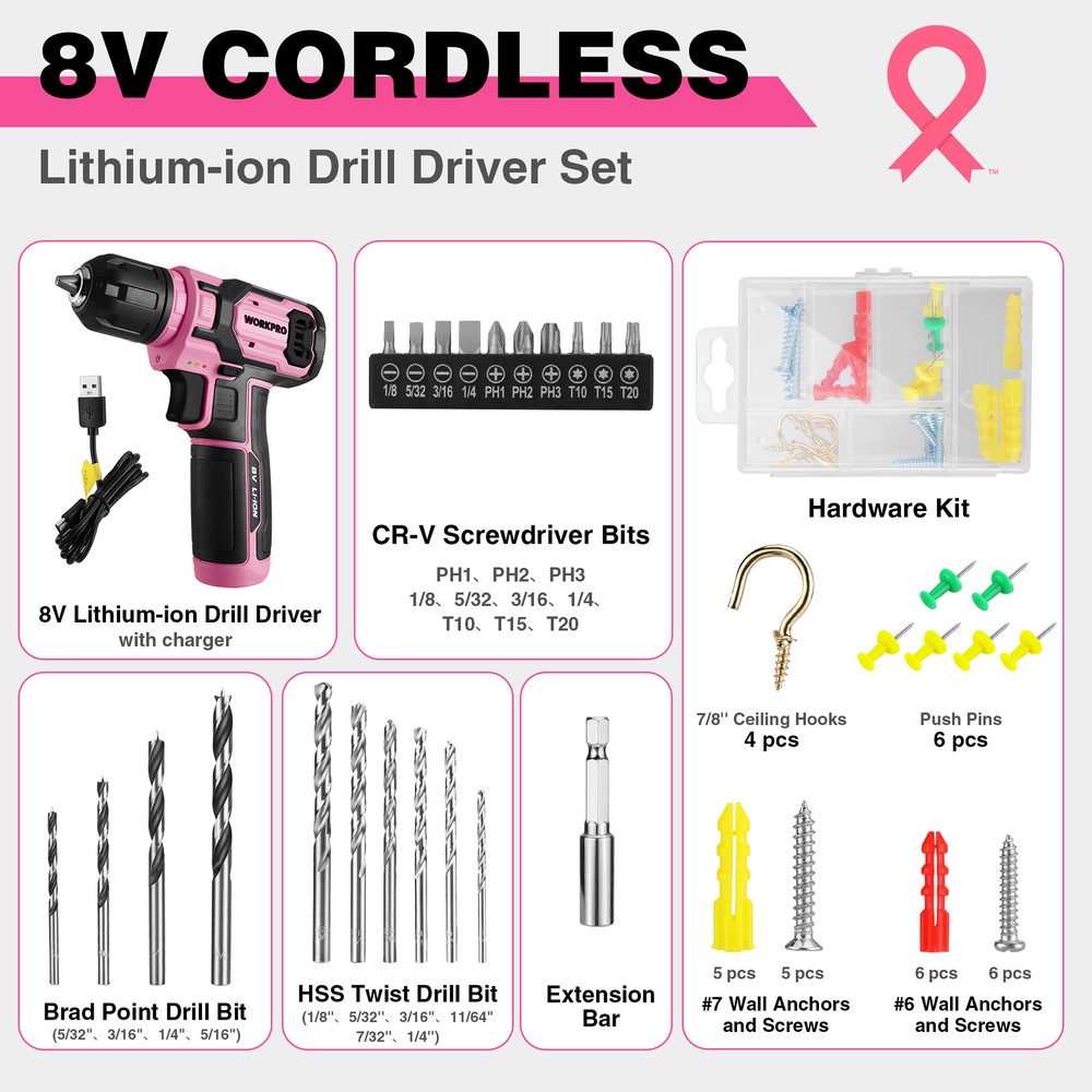 WORKPRO Pink 8V Power Drill Set with 53pcs Bit Set with 3/8" Keyless Chuck