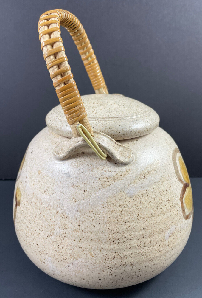 Floral Teapot w/ Bamboo Handle Studio Pottery Tan Brown Signed Rustic Handmade