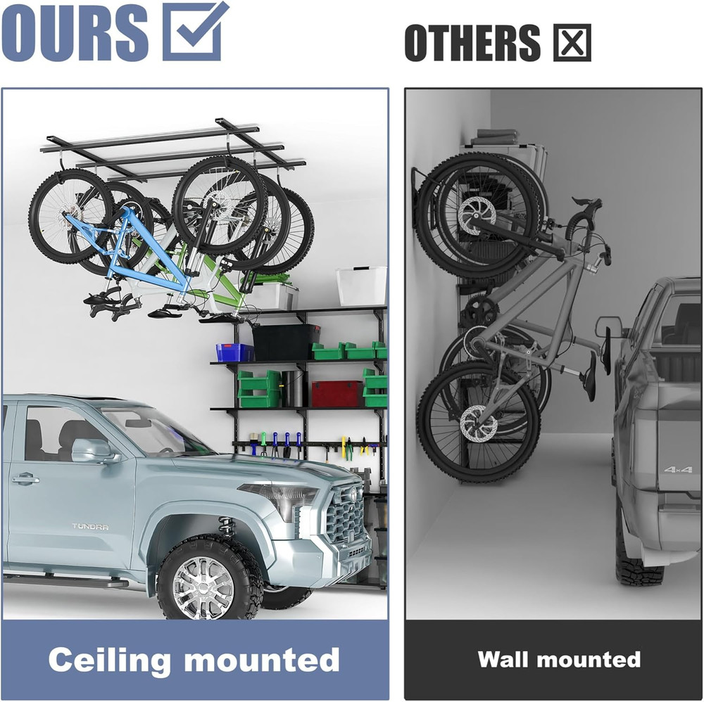 Garage Ceiling Bike Rack, Adjustable Overhead Bicycle Storage System – Stores 3