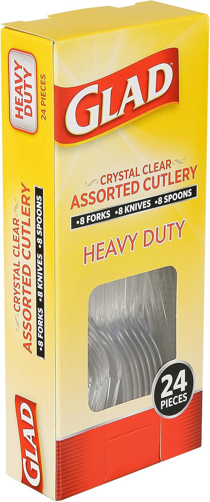 Crystal Clear Assorted Cutlery - 24 Count Fork, Knife and Spoon Set - Reusable H