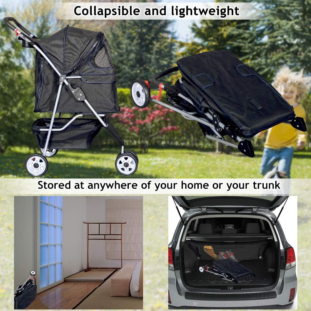 3-Wheel Pet Stroller, Lightweight Foldable Dog Stroller for Small Medium Dogs &