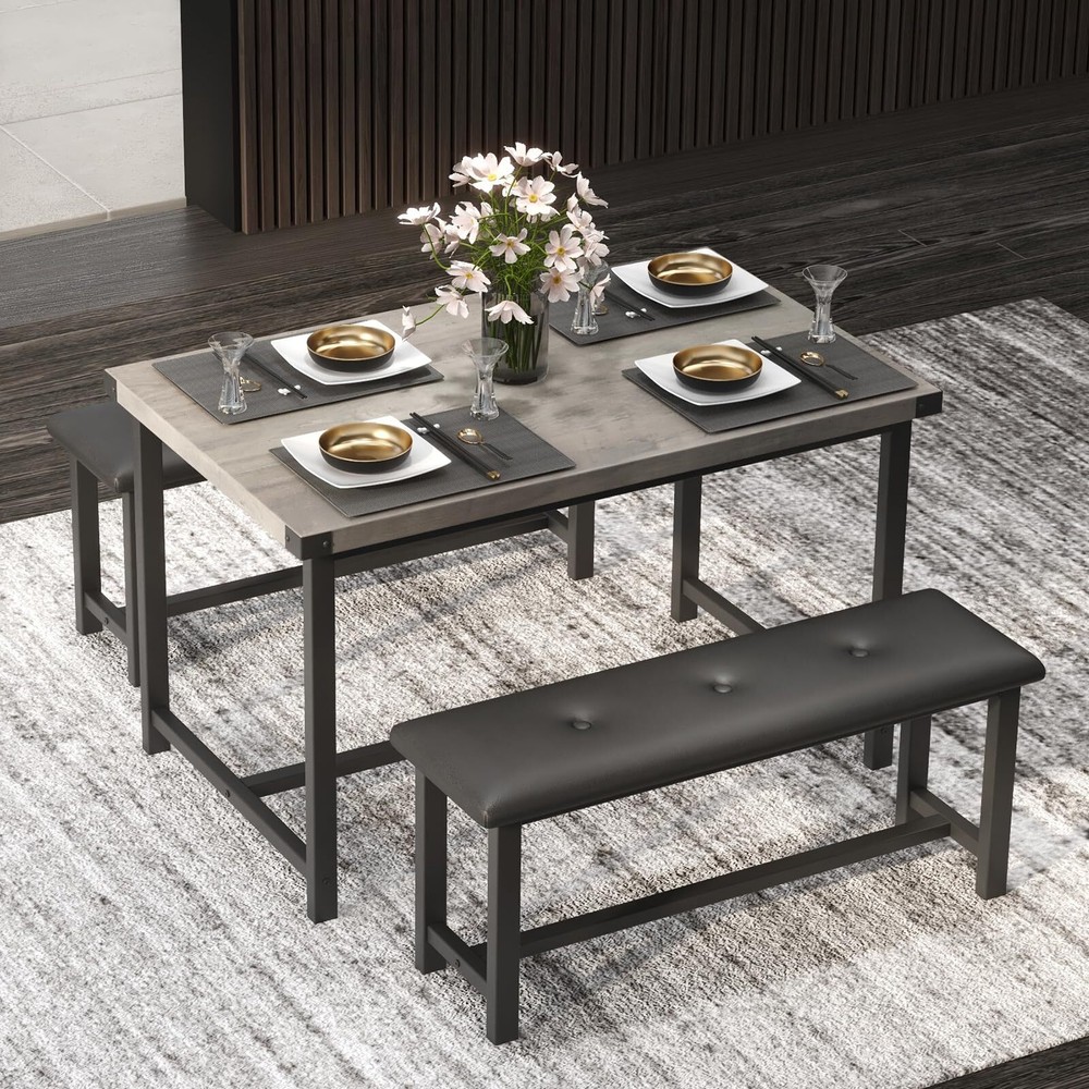 ⭐☑️4PCS Kitchen Table Set with 2 Benches Dining Table Set with Upholstered Bench