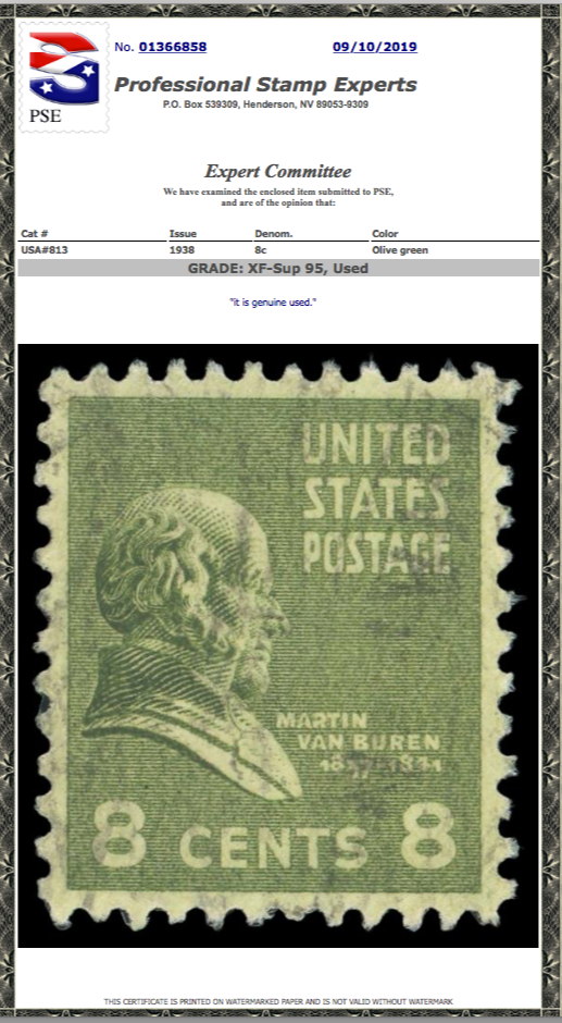 #813 Used, PSE Graded 95, Cert # 01366858