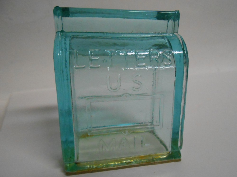Glass LETTERS US Mailbox Candy Container Aqua Blue