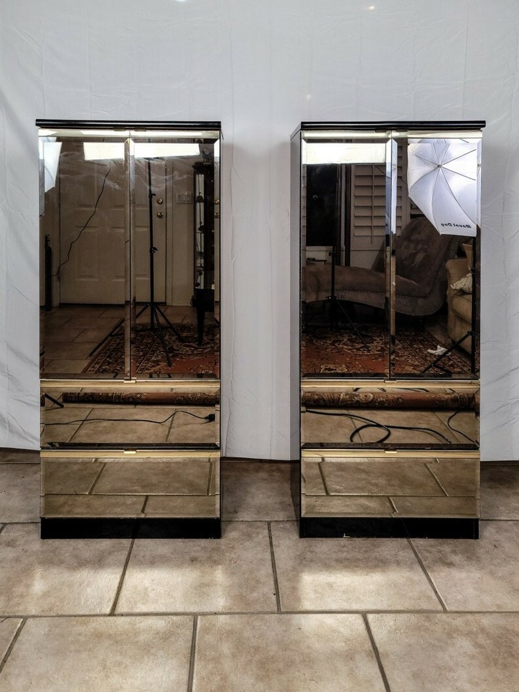 Vntg. 5 Piece, Queen Bedroom Set, Smoke Mirror Front, Black Laquer, & Brass