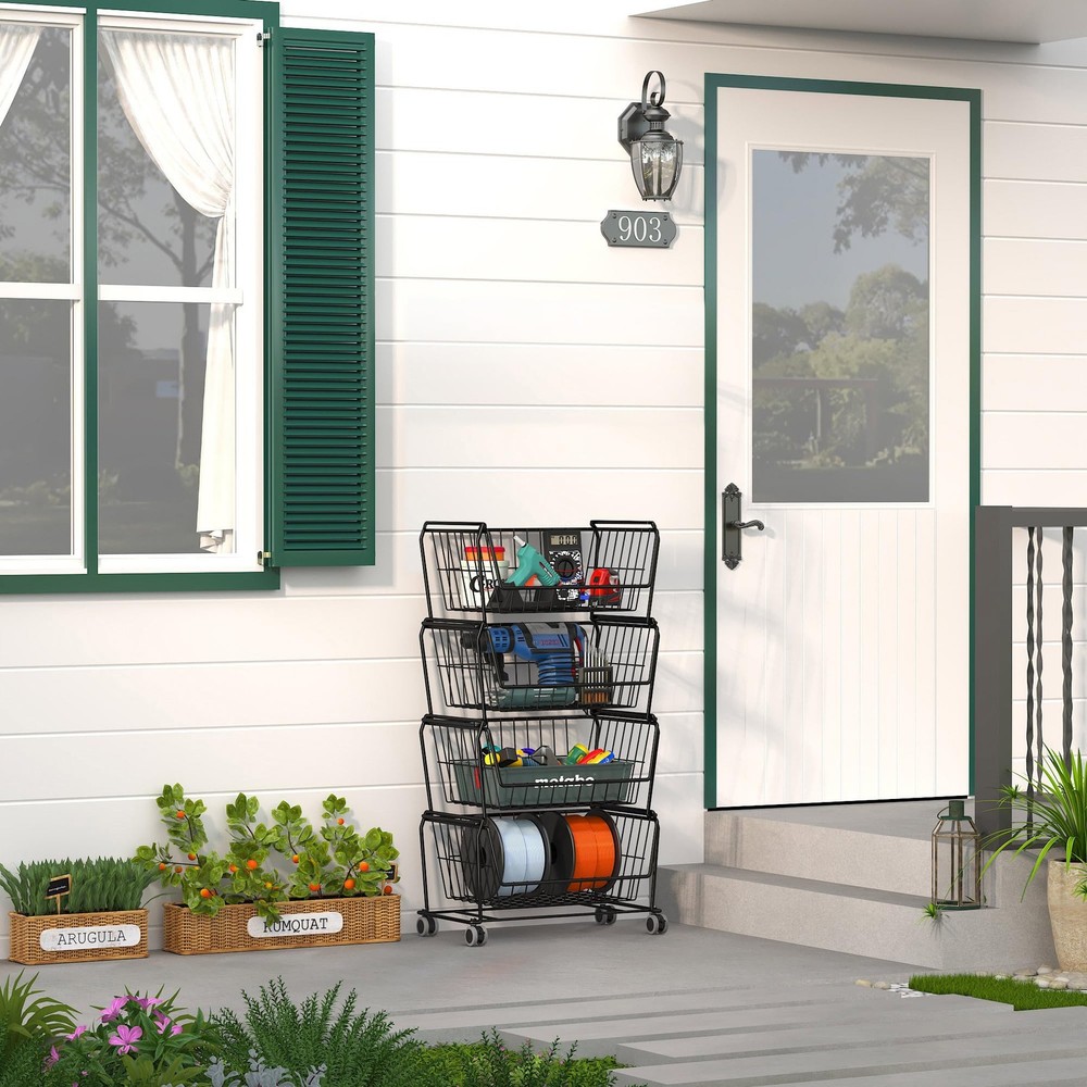 4-Tier Spacious Stackable Wire Storage Baskets with Wheels, Metal Rolling Uti...