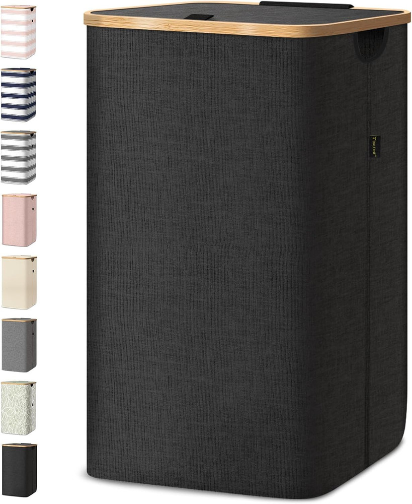 Laundry Hamper with Lid, Tall Laundry Baskets with Bamboo Pull Handles, Large...