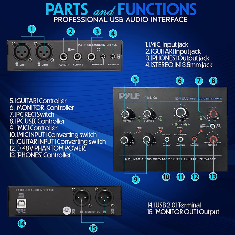 PylePro PMUX6 Pro Usb Audio Interface With Mic/Line