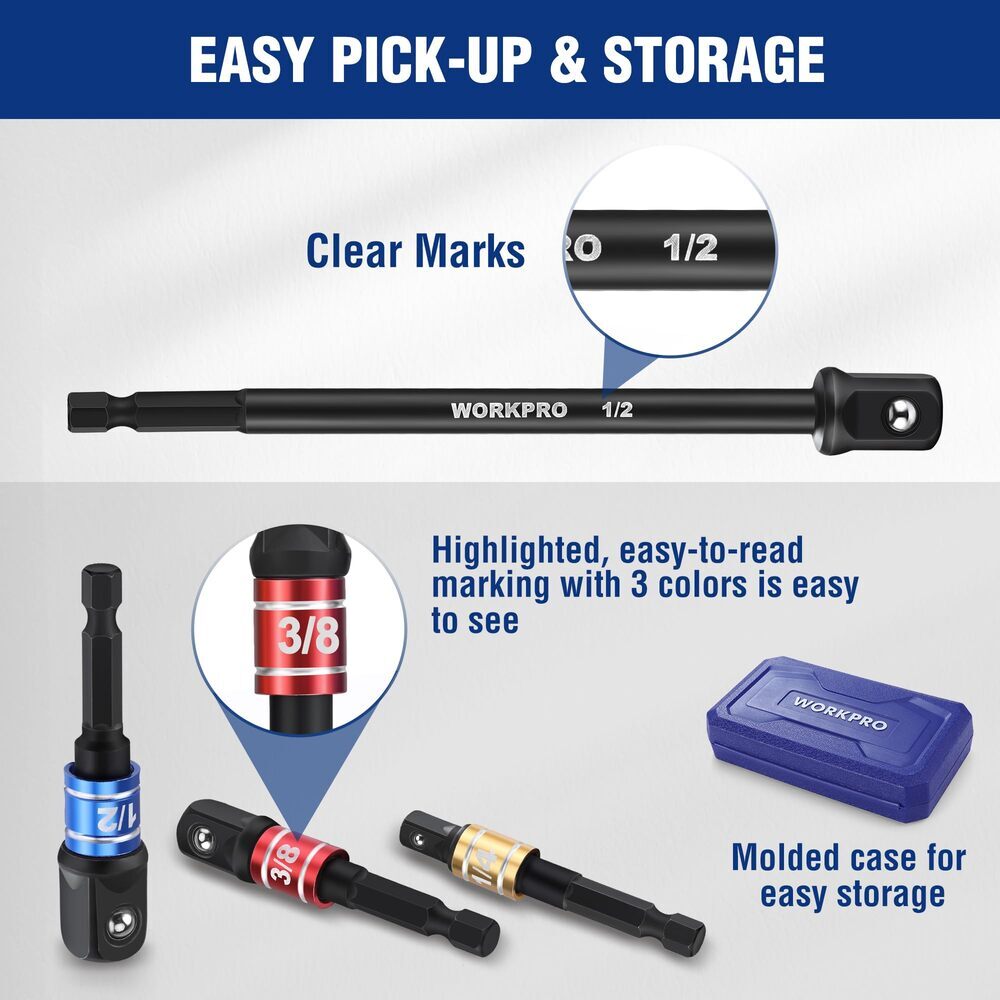 WORKPRO 9PCS Basic/Swivel/Long Impact Grade Socket Adapter Set 1/4" 3/8" 1/2" Dr