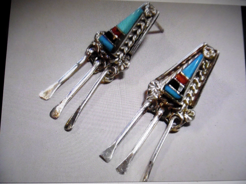 J-933 ZUNI STERLING SILVER MULTI-STONE POST DANGLE EARRINGS BY WILLIE GIA