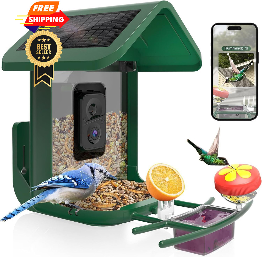 Bird Feeder with Camera Solar Powered : Smart 2K Green