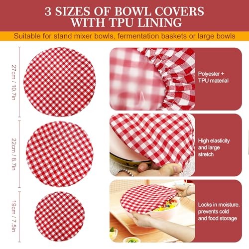 3 Pack Reusable Bowl Covers for Bread Proofing, Red White Gingham Pizza Dough