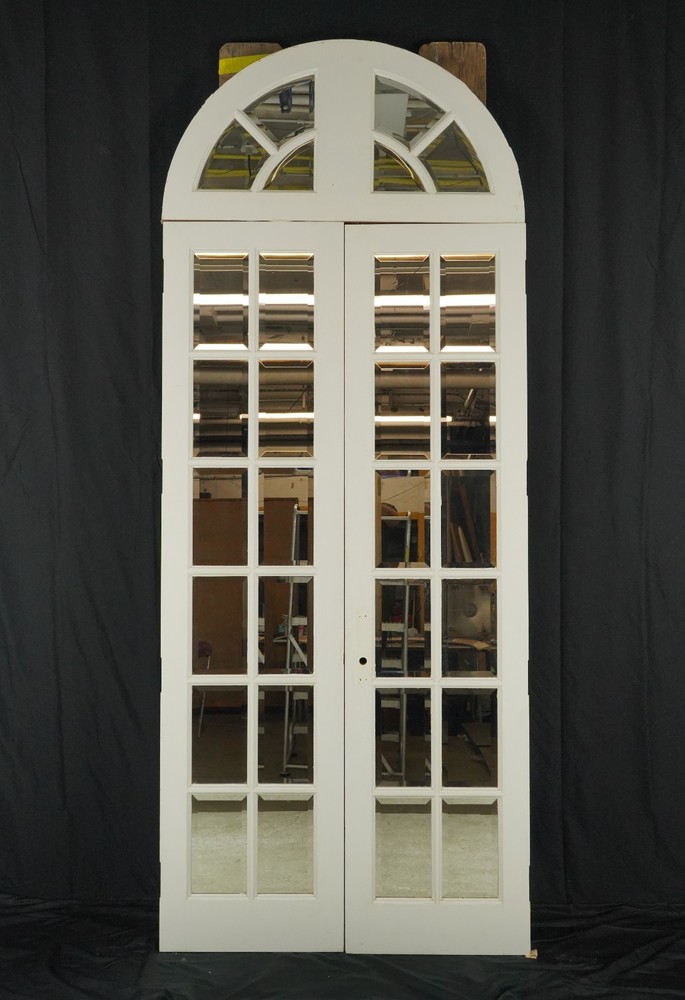 Twelve Mirrored Panels Wood Double Doors & Arched Transom