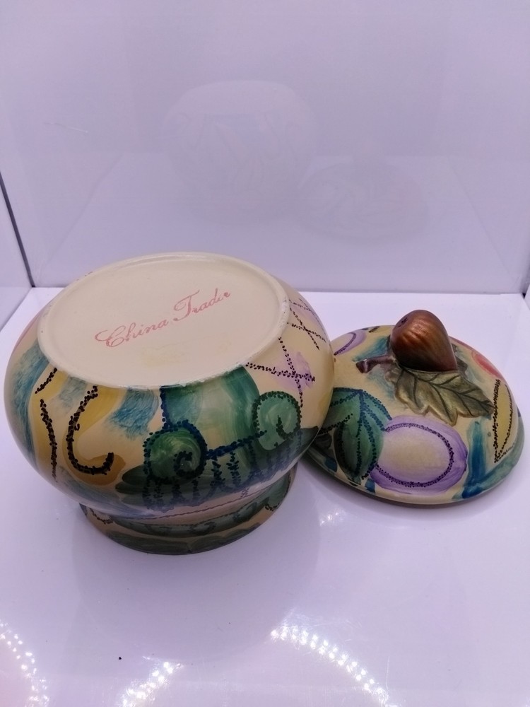 Fig Handle on Hand-Painted Dressing Table Container with Lid