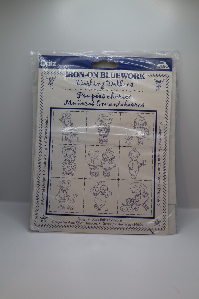 "Darling Dollies" Dritz Iron-on Bluework Transfers 6" Design Area 9 Assorted Des