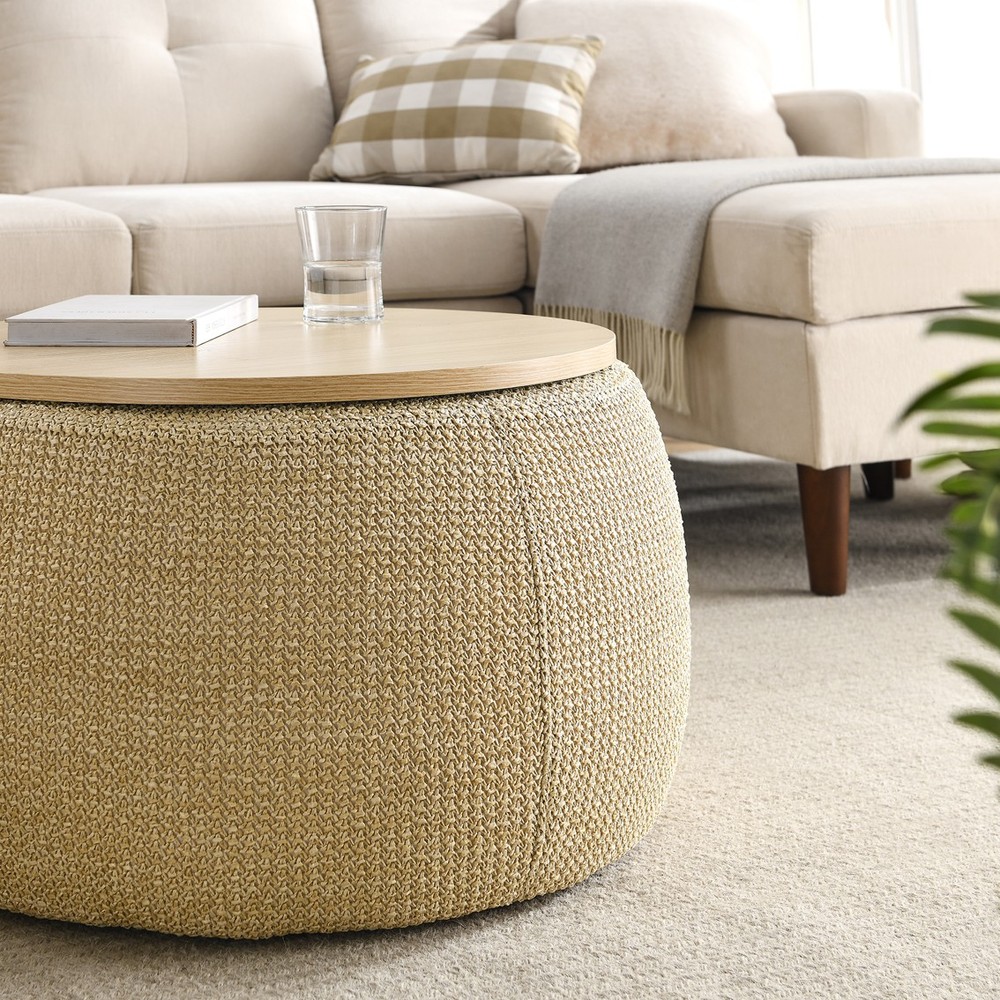 Round Storage Ottoman 2 in 1 Function Work as End Table Natural