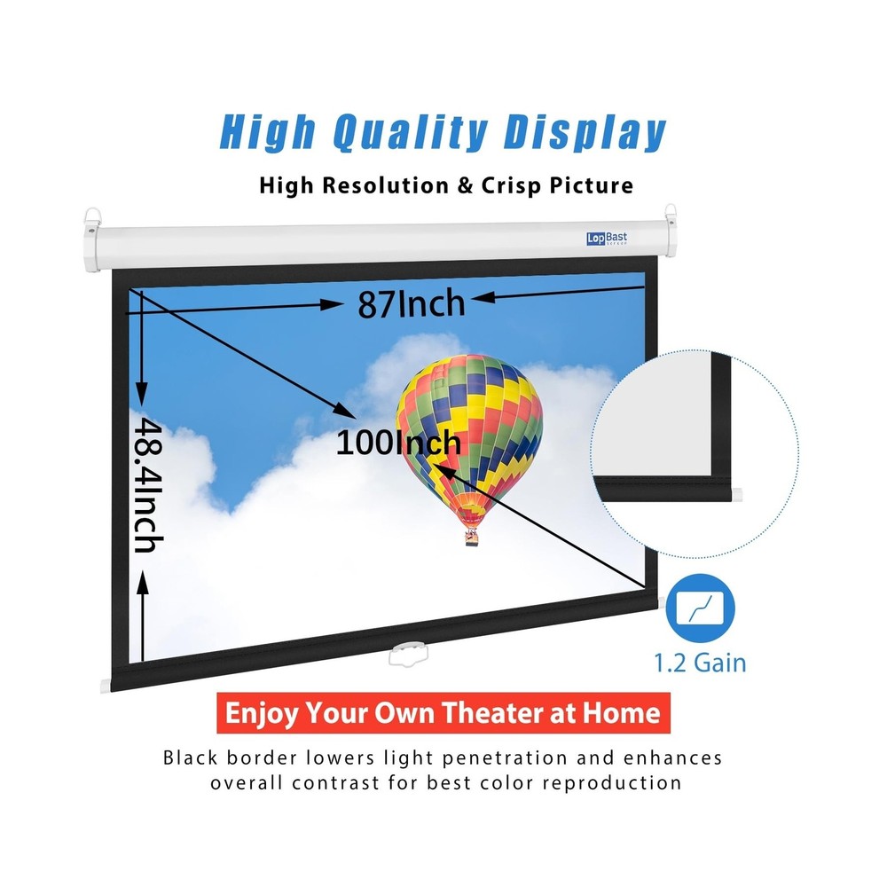 100INCH Manual Pull Down White Projector Screen 16:9 1.2 Gain Retractable Aut...