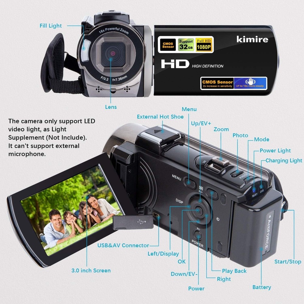 Versatile Video Camera with Pause Function, 2 Batteries & Anti-Shake Technology