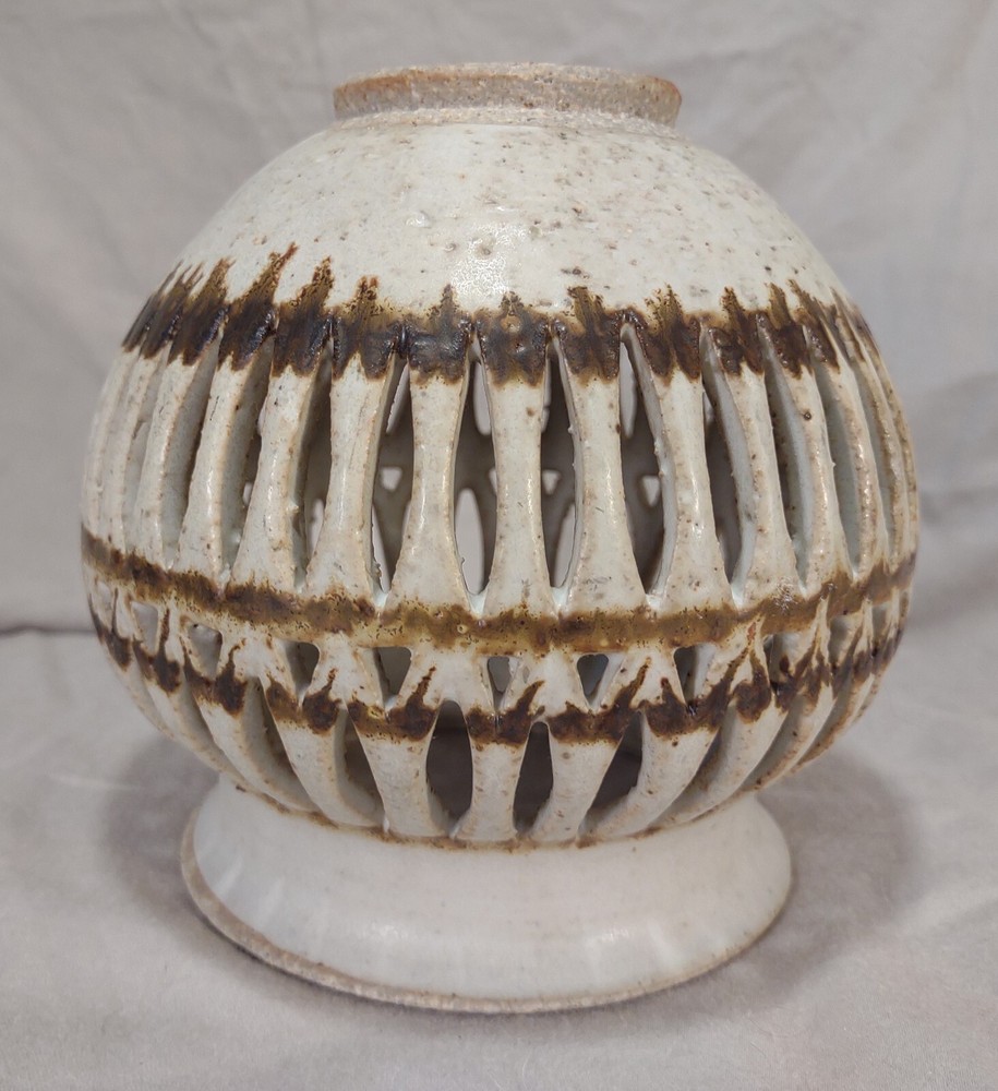 Vintage Porter Studio Pottery Reticulated 6.5" Covered Jar/Diffuser MCM Style