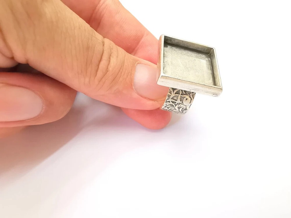Square Antique Silver Ring Blank Settings, Cabochon Mounting Adjustable Resin