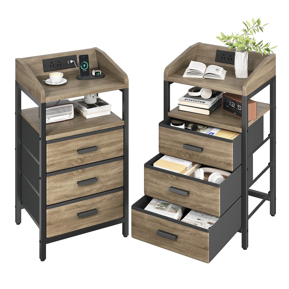 2 Pack Night Stand With Charging Station And Light Bedside End Table ༝