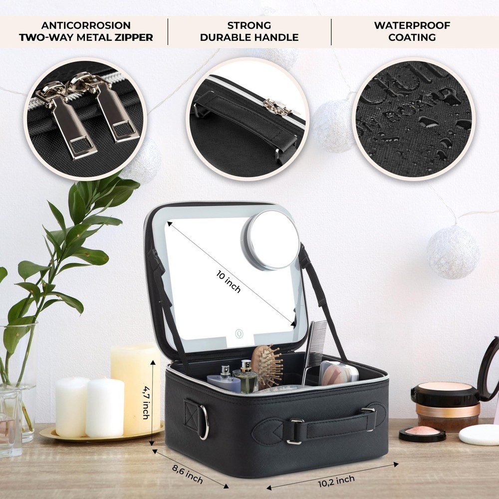 Makeup Bag with LED Mirror, PU Leather Makeup Case - 3 Adjustable Brightness ...