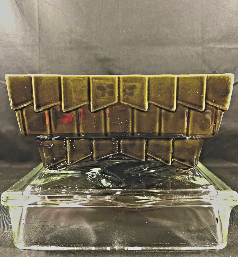 Olive Green Planter By Cookson Pottery, Rectangular With Geometric Design