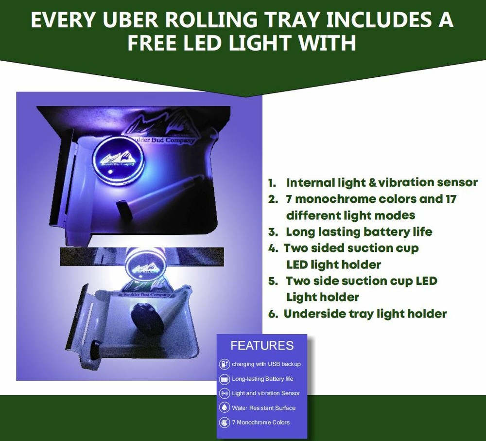 UBER Tray Rolling Tray Bundle +6 Piece Bundle LED Vibration Light