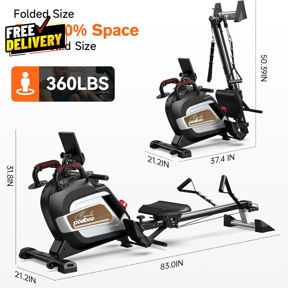 Magnetic Rowing Machine 360 LB Weight Capacity Folding Rower with Combination...